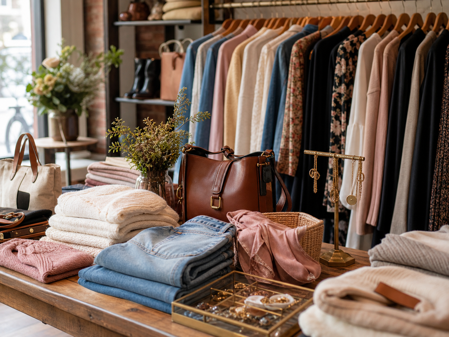 Curated clothing, handbags, jewelry, and accessories on a boutique display table